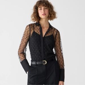J. Crew Swiss Dot Sheer Mesh Black Top Shirt Riza New (Camisole NOT Included)